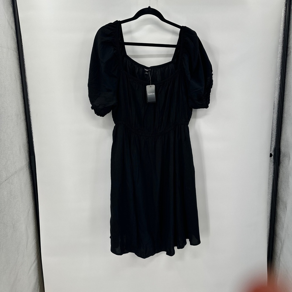 New Torrid Puff Sleeve Mini Dress 1x Black Challis Square Neck Romantic